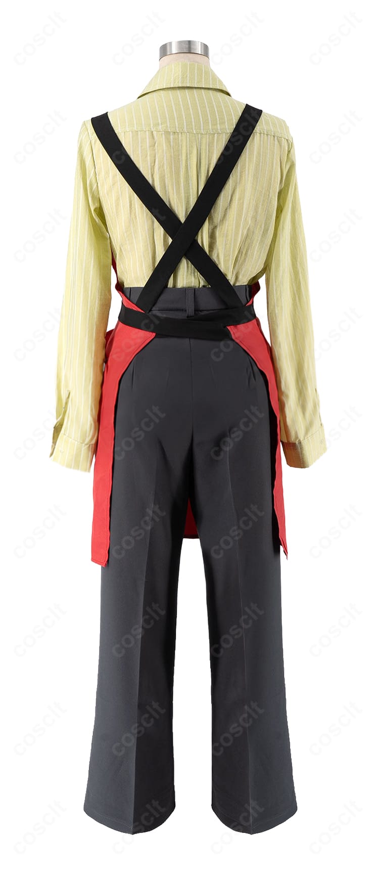 山田 スーパーS店員制服コスプレ衣装の背面。シャツとパンツ、エプロンの全体シルエットを確認できる画像