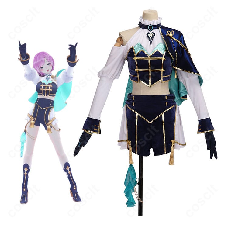 にじさんじ 夕陽リリ 共通衣装Ver.のキャラクターイメージと、ケープ・ショートパンツを合わせたコスプレ衣装全体像