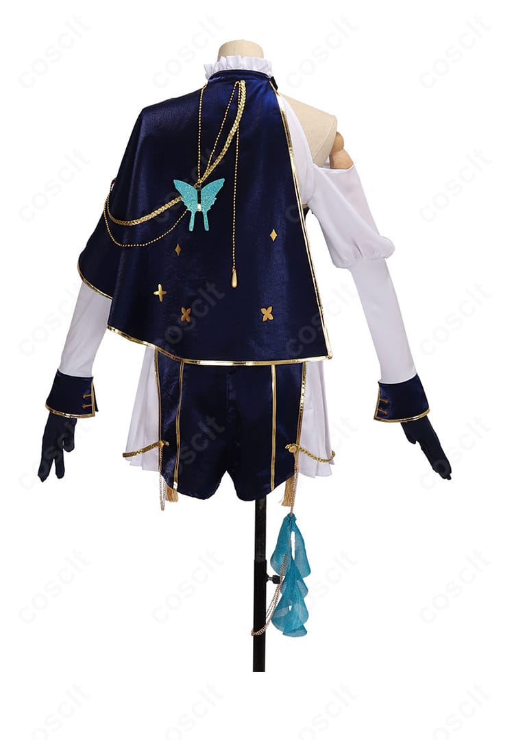 にじさんじ 夕陽リリ 共通衣装Ver.コスプレ衣装の背面図。ケープのシルエットとショートパンツの後ろ姿