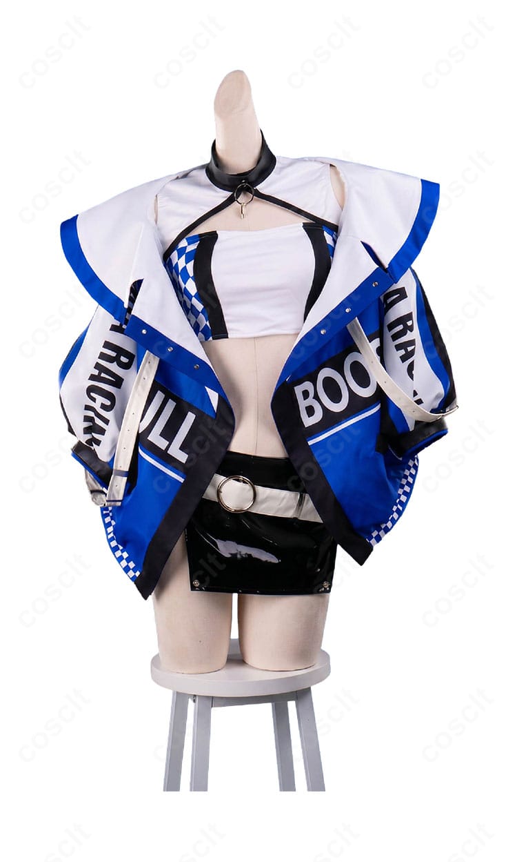 ロッジ ファイナルラップ コスプレ衣装の正面全体。アウター、ベアトップ、スカートを合わせたレーシング風スタイル