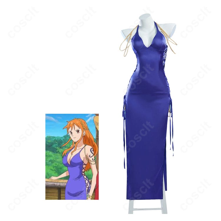 ONE PIECEゾウ編のナミとパープルドレスのコスプレ衣装を合わせた全身イメージ
