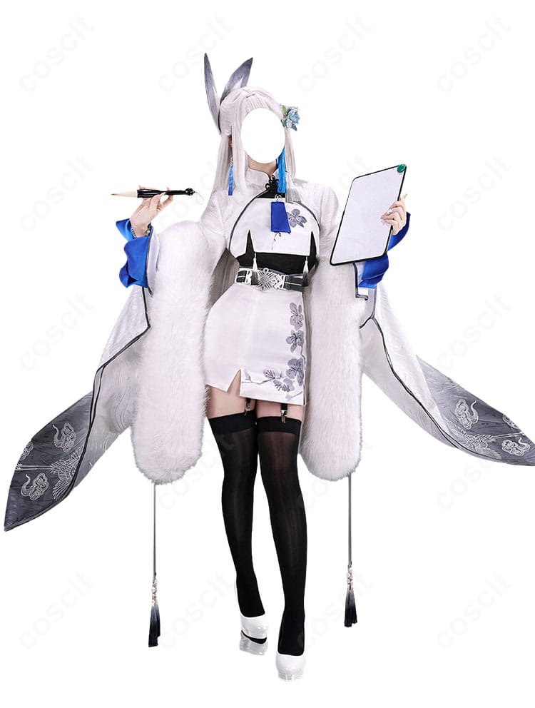 勝利の女神:NIKKE シラツル コスプレ衣装の正面図、ワンピースとファーショールの配色を確認できる画像