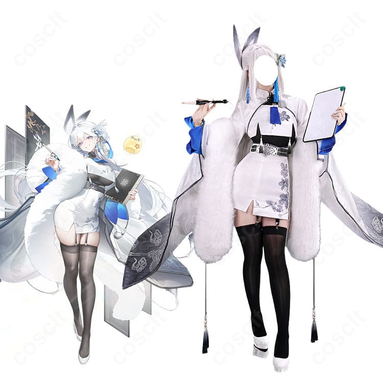 勝利の女神:NIKKE シラツルのデフォルト衣装を着用した人物イメージと白×ブルーのドレス全体像