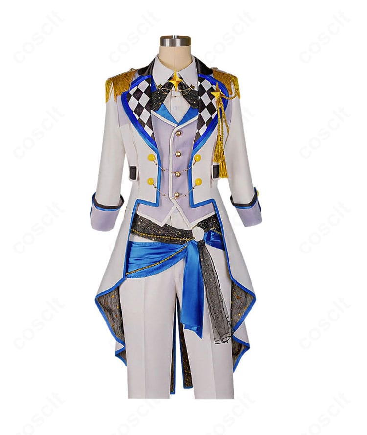 プロセカ KAITO アトラクティブコート コスプレ衣装の正面全体、白×ブルーのコートとベストの構成