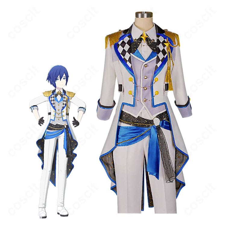 プロジェクトセカイ KAITO アトラクティブコートを着用したキャラクターイメージと白×ブルーの舞台衣装全体