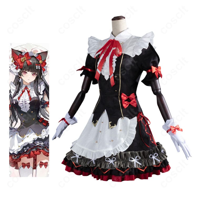 鳴潮・朽葉千咲の墜夢奇境コスプレ衣装を着用したキャラクターイメージ、ブラック×レッドのメイド風フリルスタイル