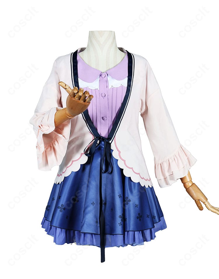 飛鳥湊 私服Ver.コスプレ衣装の正面全体図、ピンクカーディガンとブラウス、スカートの重ね着デザイン