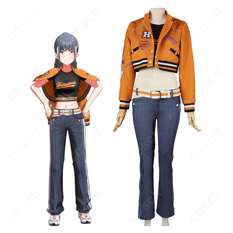 学園アイドルマスター 雨夜燕 Campus mode!!コスプレ衣装のキャラクターイメージとオレンジジャケット全身コーディネート