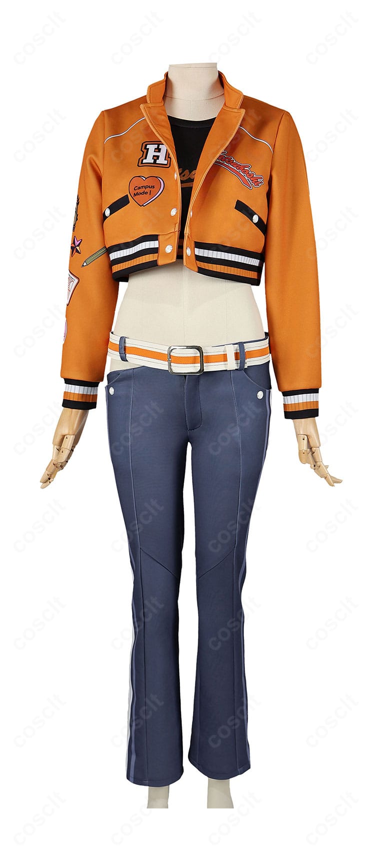 学園アイドルマスター 雨夜燕 Campus mode!!コスプレ衣装の正面、オレンジジャケットと半袖トップス、パンツの組み合わせ