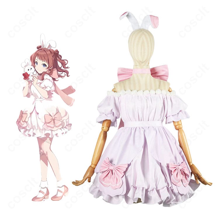 学園アイドルマスター 花海咲季 Lady Rabbit コスプレ衣装の人物着用イメージとピンクワンピース全体