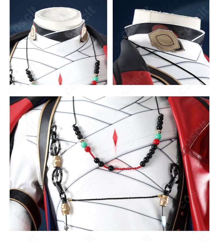 刃コスプレ衣装の襟元と前合わせのディテール、戦闘服らしいレイヤードデザイン