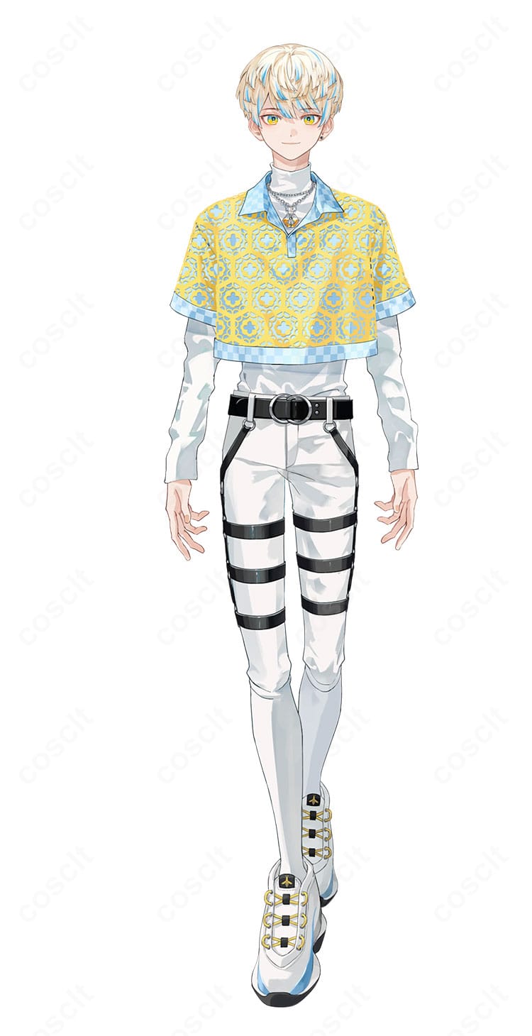 にじさんじ 緋八マナ デフォルト衣装のコスプレ衣装を着用した全身イメージ。高コントラスト配色とジャケットスタイルを確認できます。