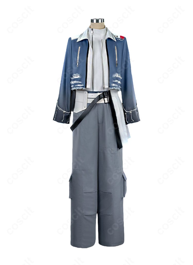 青柳冬弥 コスプレ衣装の正面全体。ジャケット、シャツ、パンツ、ウエストベルトを組み合わせたステージスタイル