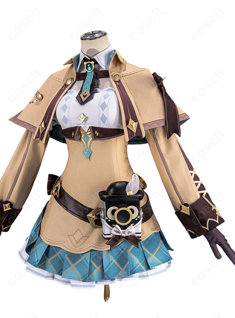 『原神』シャルロット ハーロック変奏曲コスプレ衣装の正面。付け襟、袖パーツ、ベルト、サイドウエストリボンを備えた記者風ドレス