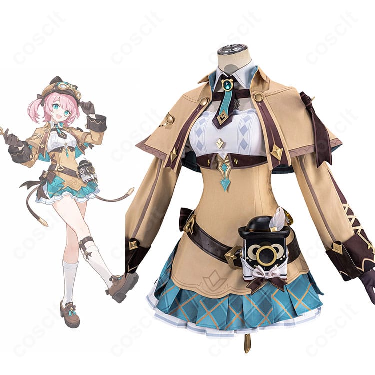 『原神』シャルロットのハーロック変奏曲コスプレ衣装を着用したキャラクターイメージ。帽子、ケープ、カメラ風装飾を合わせた全身スタイル