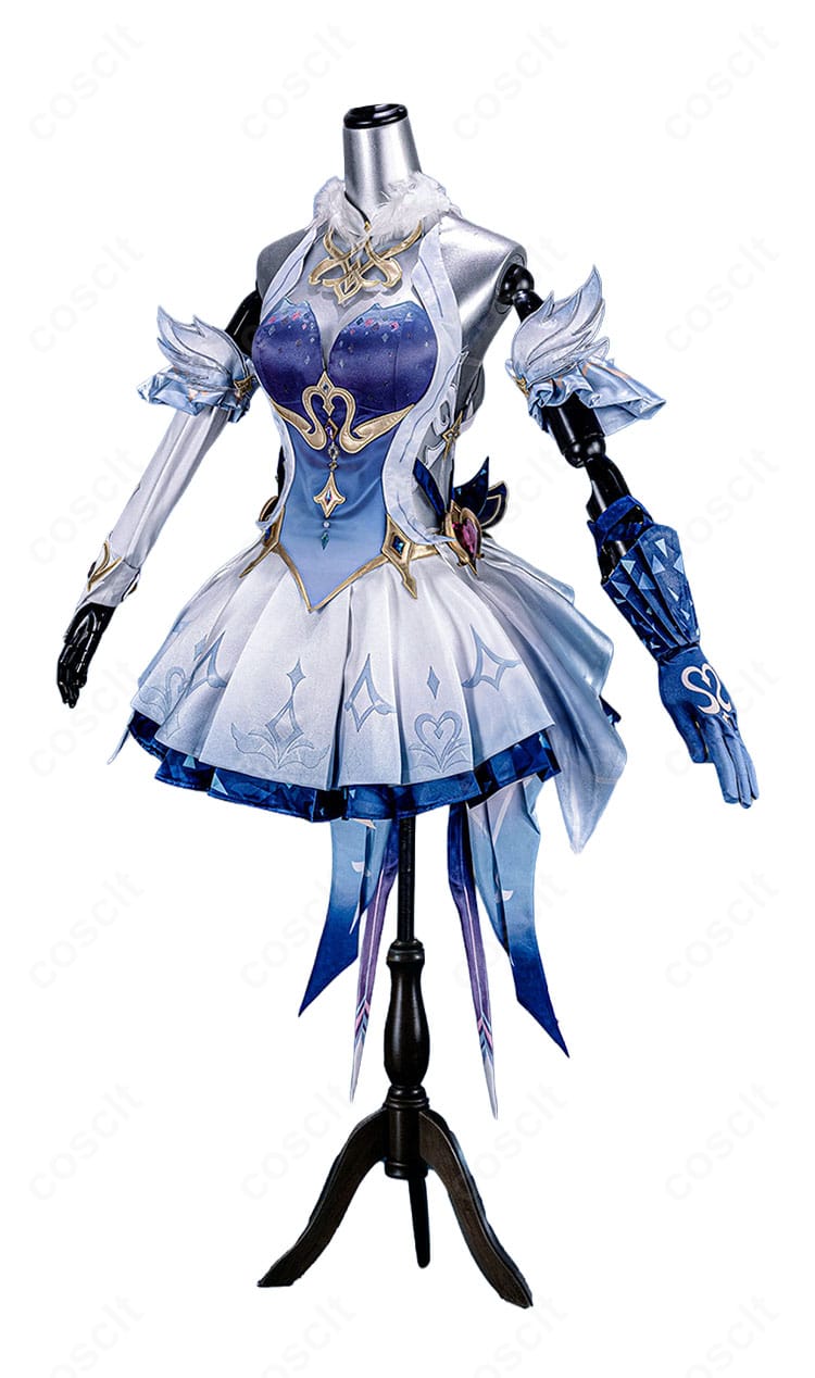 原神 オデット コスプレ衣装の正面デザイン、青白ワンピースとアームアクセサリーの全体像