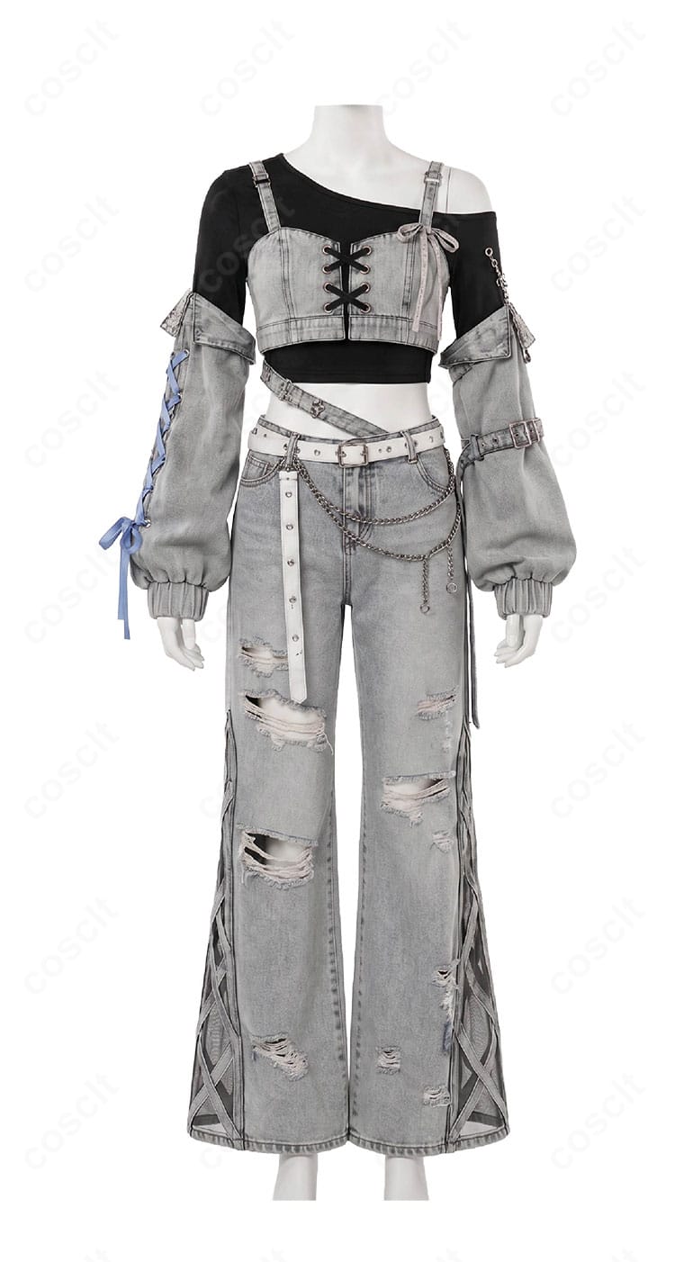 星街すいせい miCometブランド第二弾コスプレ衣装の正面デザイン、デニムビスチェと黒トップス