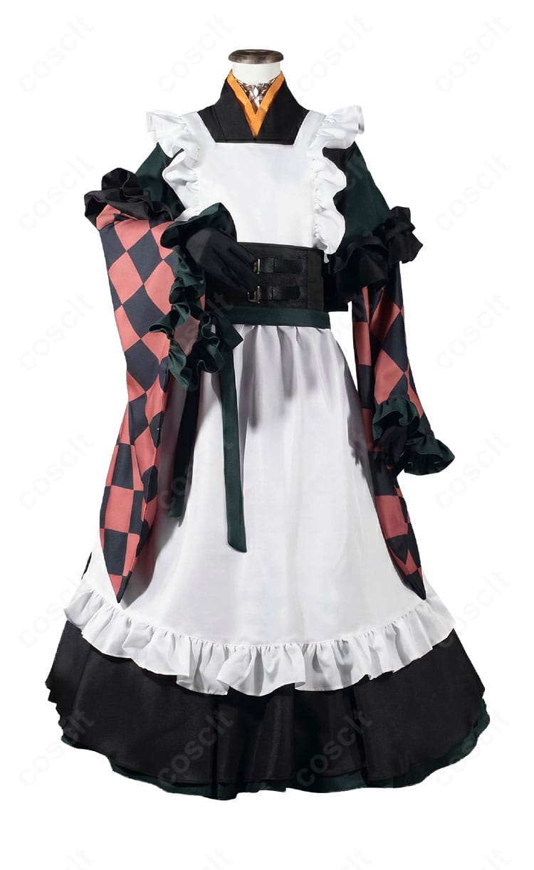 儒烏風亭らでん メイド服コスプレ衣装の正面デザイン、トップスとエプロン、スカートの全体像