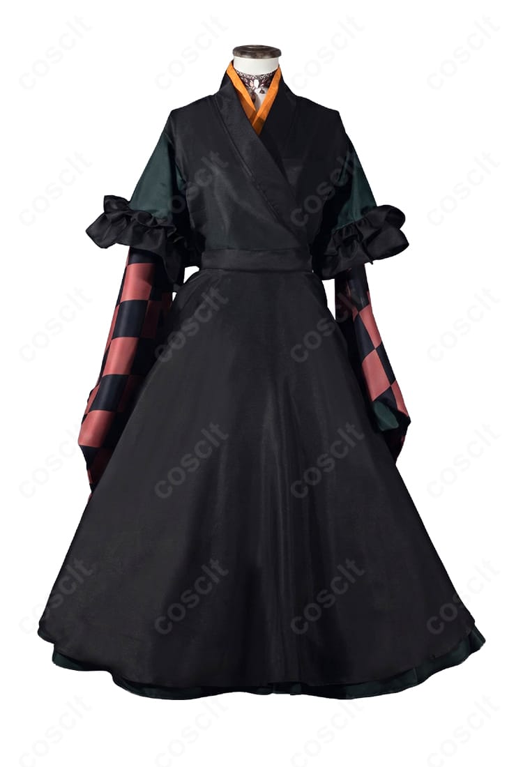 儒烏風亭らでん メイド服コスプレ衣装のスカート正面ディテール、エプロンと格子柄装飾