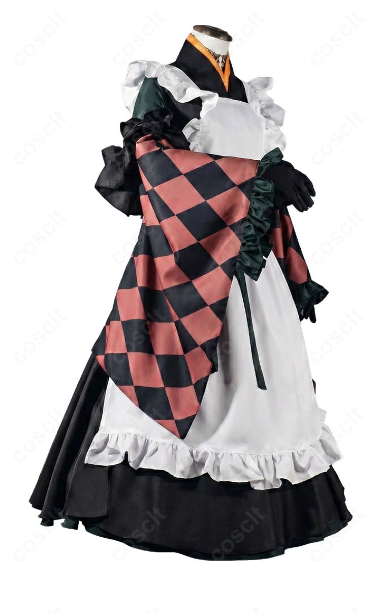 儒烏風亭らでん メイド服コスプレ衣装の側面デザイン、ウエストコルセットとスカートのシルエット