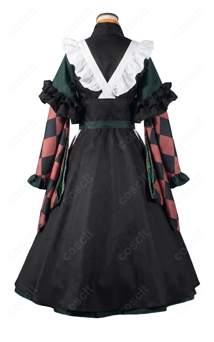 儒烏風亭らでん メイド服コスプレ衣装の背面デザイン、背中側の装飾とスカートの後ろ姿
