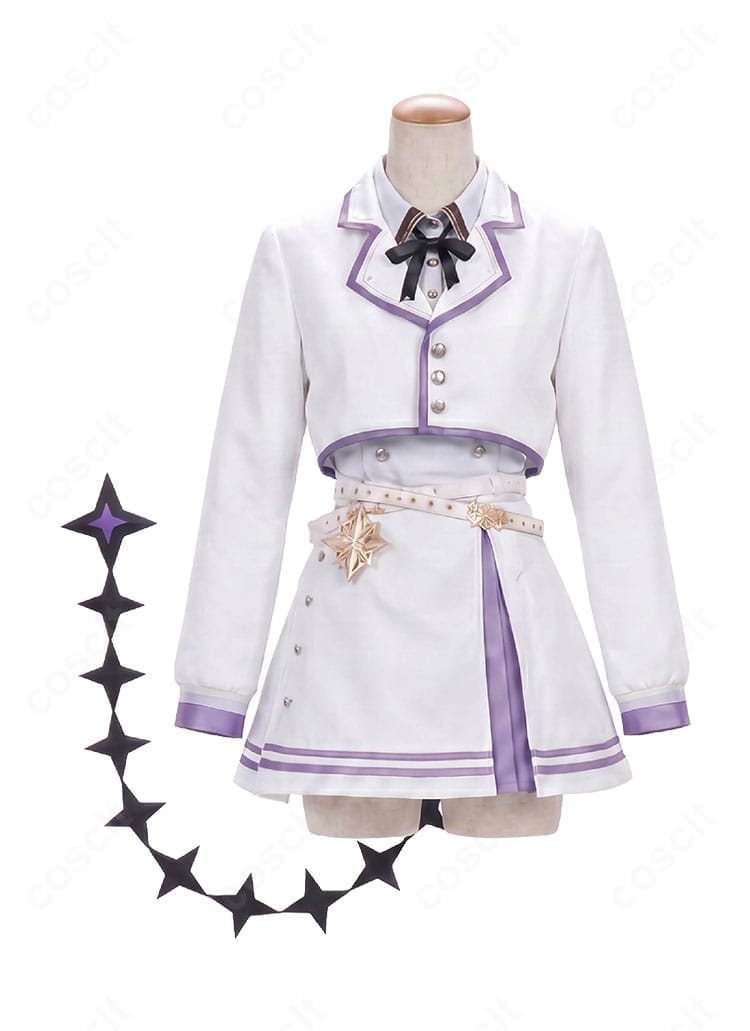 ホロライブ ラプラス・ダークネス ねぽっくす!コスプレ衣装の正面図、ホワイト×パープルのショートジャケットとスカート