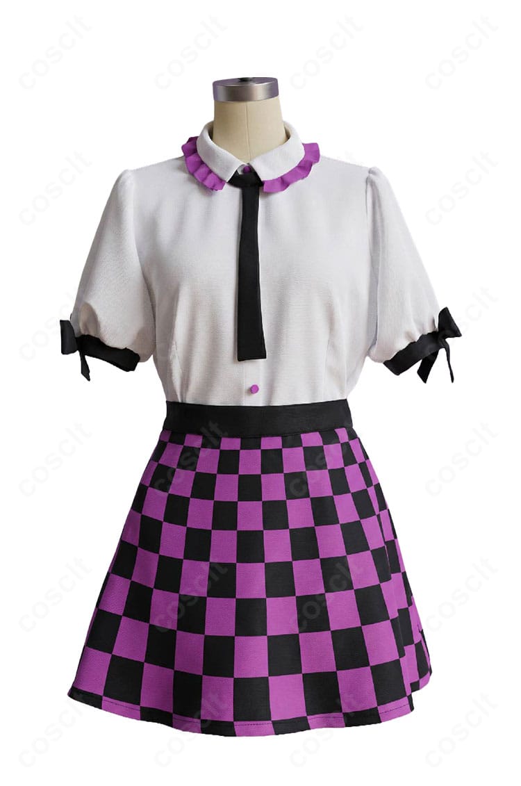 姫海棠はたてコスプレ衣装の正面全体と紫×黒チェック柄スカート