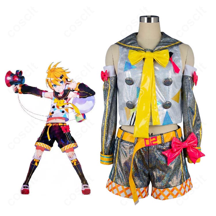 初音ミク「マジカルミライ 2018」鏡音レンのコスプレ衣装を着用した全身イメージ、シルバーセーラー風トップスとショートパンツの6点セット