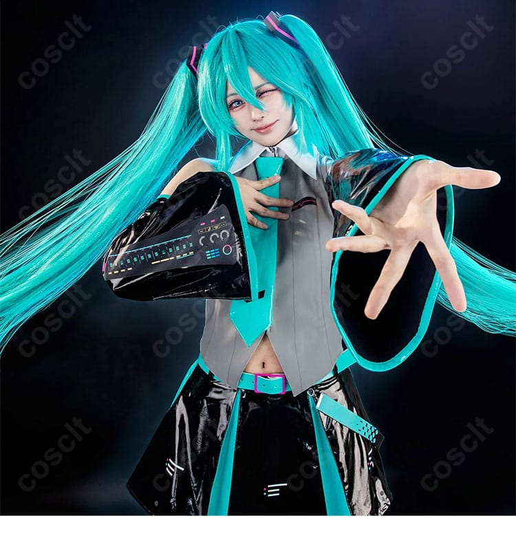 初音ミク V6 パッケージビジュアルVer.コスプレ衣装の全身着用イメージ、高コントラスト配色のスタイル