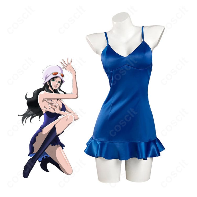 ONE PIECE ドレスローザ編 ニコ・ロビンのブルーミニワンピースと白帽子を着用した全身イメージ