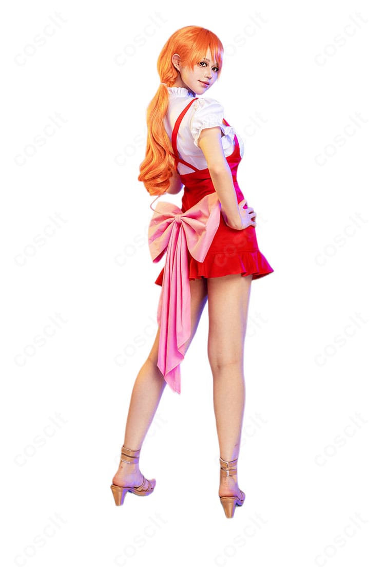 ONE PIECE ナミ コスプレ衣装の側背面ディテール、大きな背面リボンとワンピースの後ろ姿