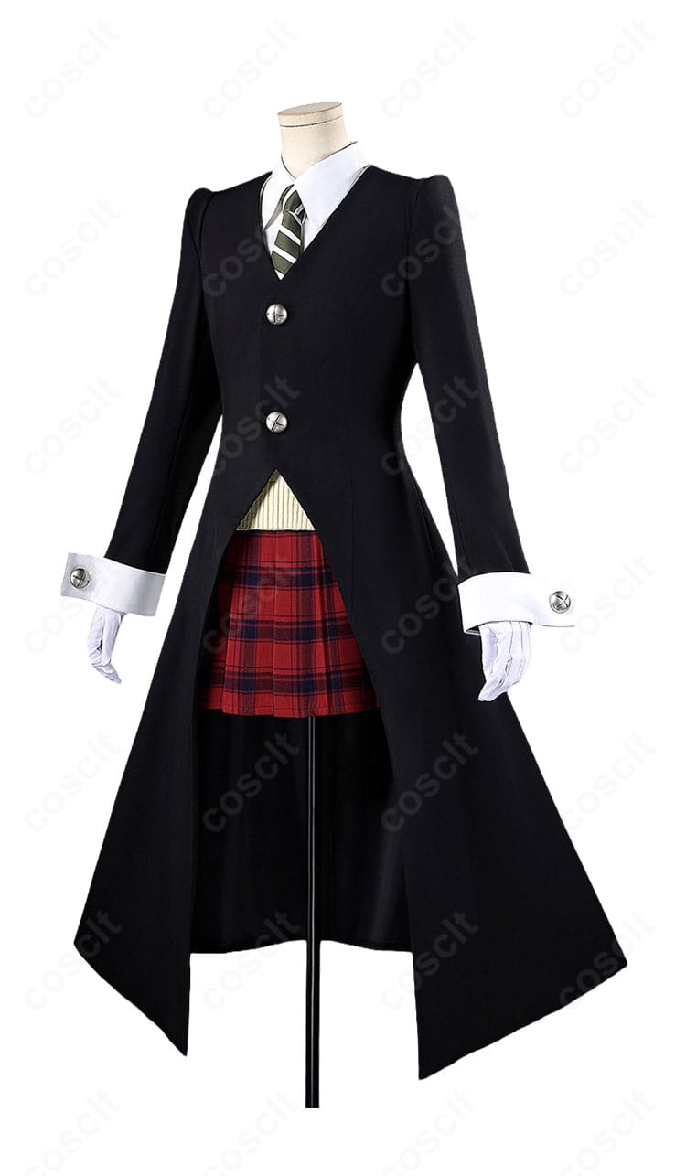 SOUL EATER マカ=アルバーン 死武専制服Ver.コスプレ衣装の正面。コート、ベスト、ネクタイ、赤チェック柄スカートの組み合わせ