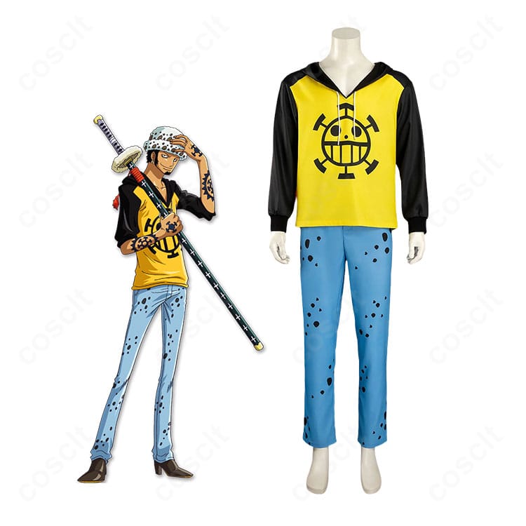 ONE PIECEの2年後トラファルガー・ローを再現した、帽子付きコスプレ衣装の人物着用イメージ