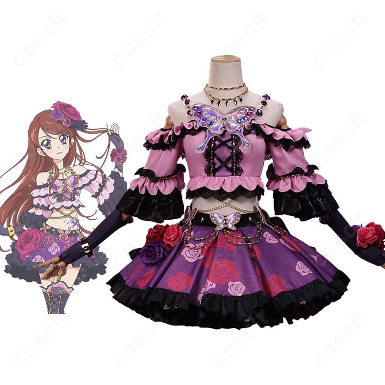 『アイカツ!』紫吹蘭のキャラクターイメージとローズボンボンコーデ衣装の比較