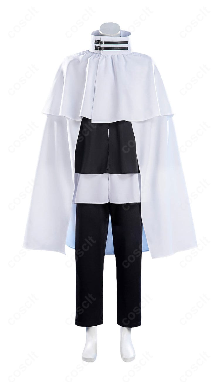 漆羽洋児コスプレ衣装の正面全体と白黒ケープの重ね着デザイン