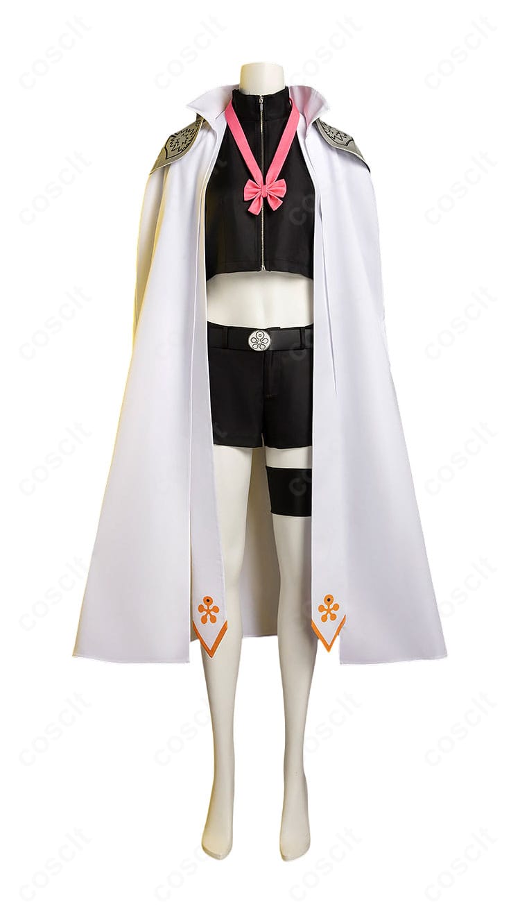 ユニ コスプレ衣装の正面全体デザインとマント、トップス、ショートパンツ
