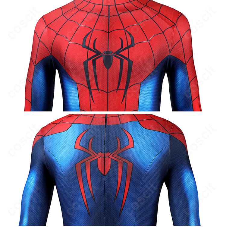 スパイダーマンスーツ正面と背面の蜘蛛模様装飾の比較