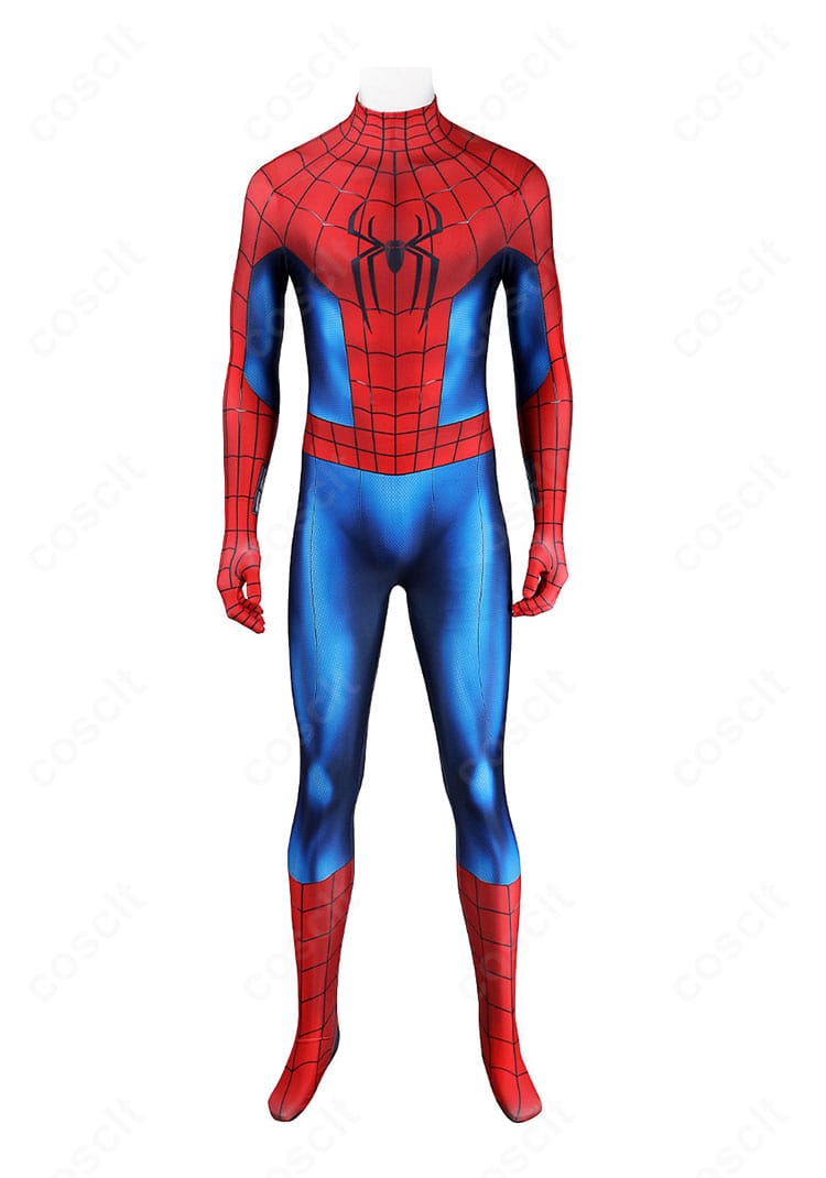 スパイダーマン全身スーツ正面の模様と縫製ディテール