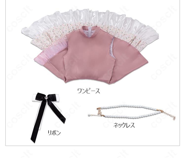 ワンピース、リボン、ネックレスを並べた商品セット内容