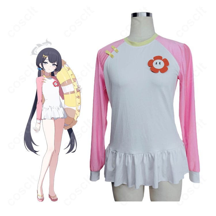 ブルーアーカイブ竜華キサキのキャラクターイメージとピンク×ホワイト水着コスプレ衣装