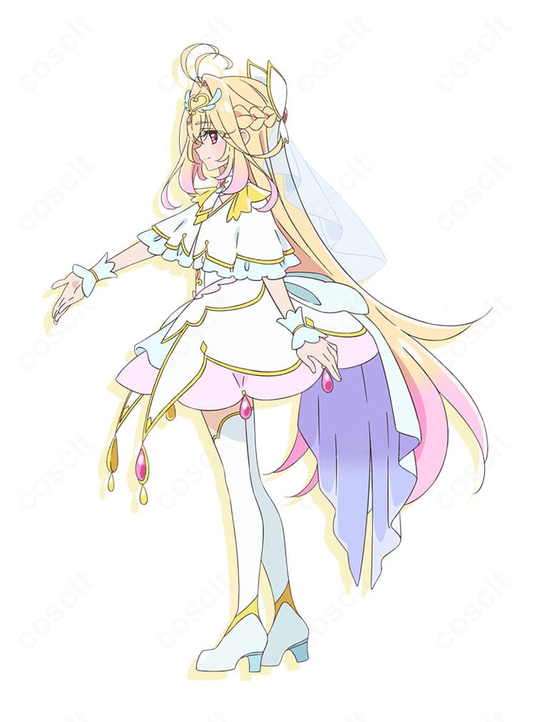 キュアアルカナ変身後コスプレ衣装の側面シルエットと手首飾り、ソックスの組み合わせ