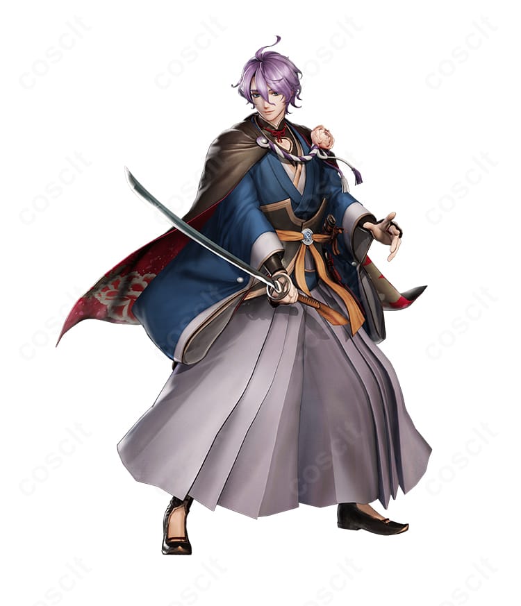 刀剣乱舞ONLINE 歌仙兼定の通常コスプレ衣装左側面。和装風の袴シルエット、コルセットベルト、赤紐の配置が分かる全身イメージ