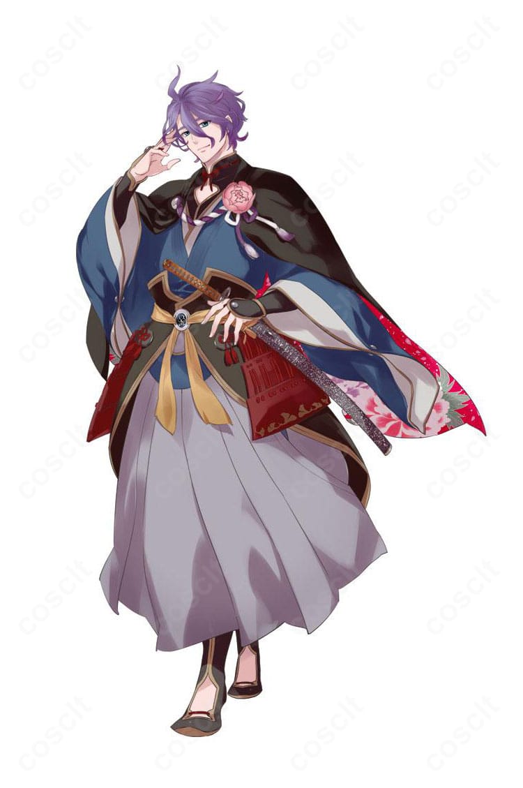 刀剣乱舞ONLINE 歌仙兼定の通常コスプレ衣装右側面。マントの広がりと腰の鎧、腰飾り、手甲の立体感が分かる着用イメージ