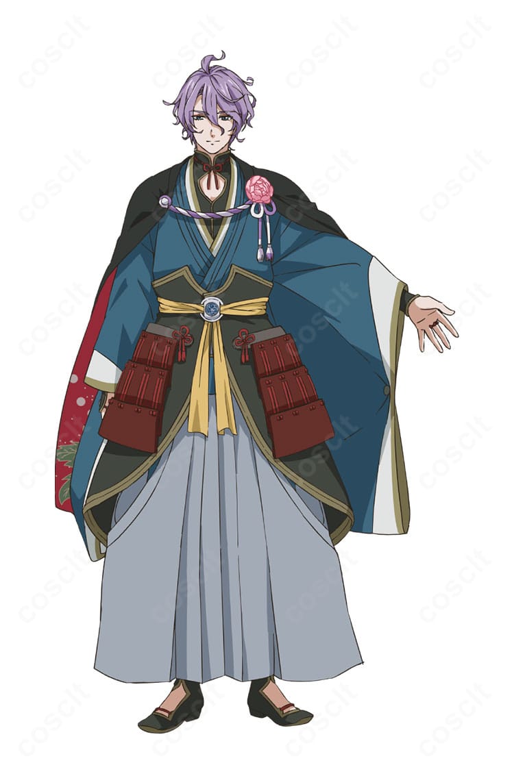 刀剣乱舞ONLINE 歌仙兼定の通常コスプレ衣装正面。青と白の重ね着トップス、黒色ベスト、袴、マントを着用した全身イメージ