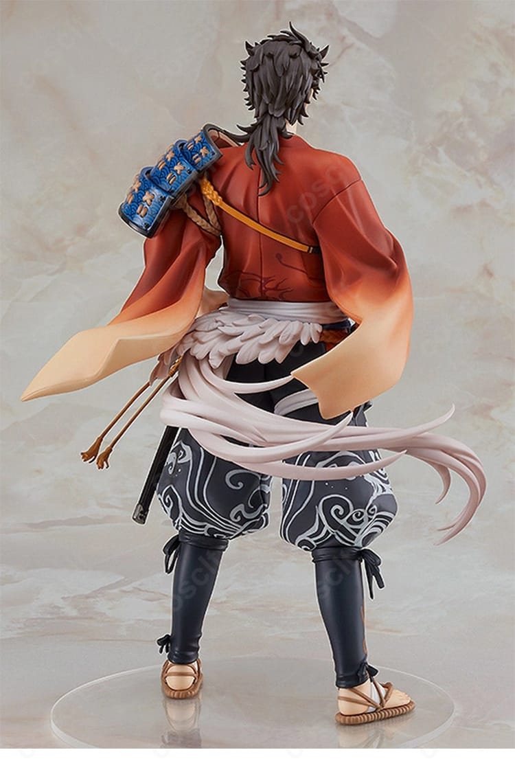 刀剣乱舞ONLINE 陸奥守吉行コスプレ衣装の背面着用イメージ、トップスと腰布、レッグカバーのシルエットを確認できます