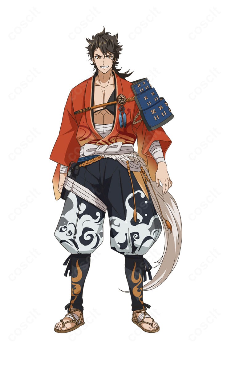 刀剣乱舞ONLINE 陸奥守吉行コスプレ衣装の正面着用イメージ、高コントラスト配色と胸当て、帯を確認できます