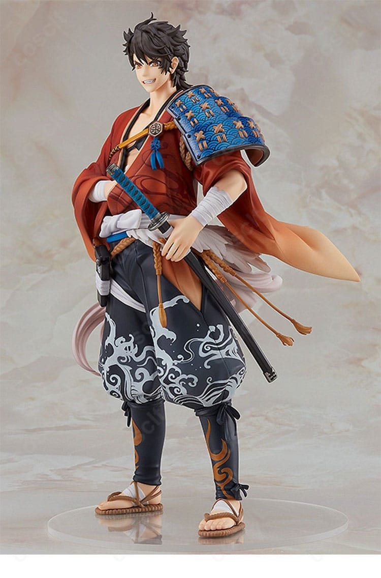 刀剣乱舞ONLINE 陸奥守吉行コスプレ衣装の左側面着用イメージ、左胸当てと太もも飾りの配置を確認できます