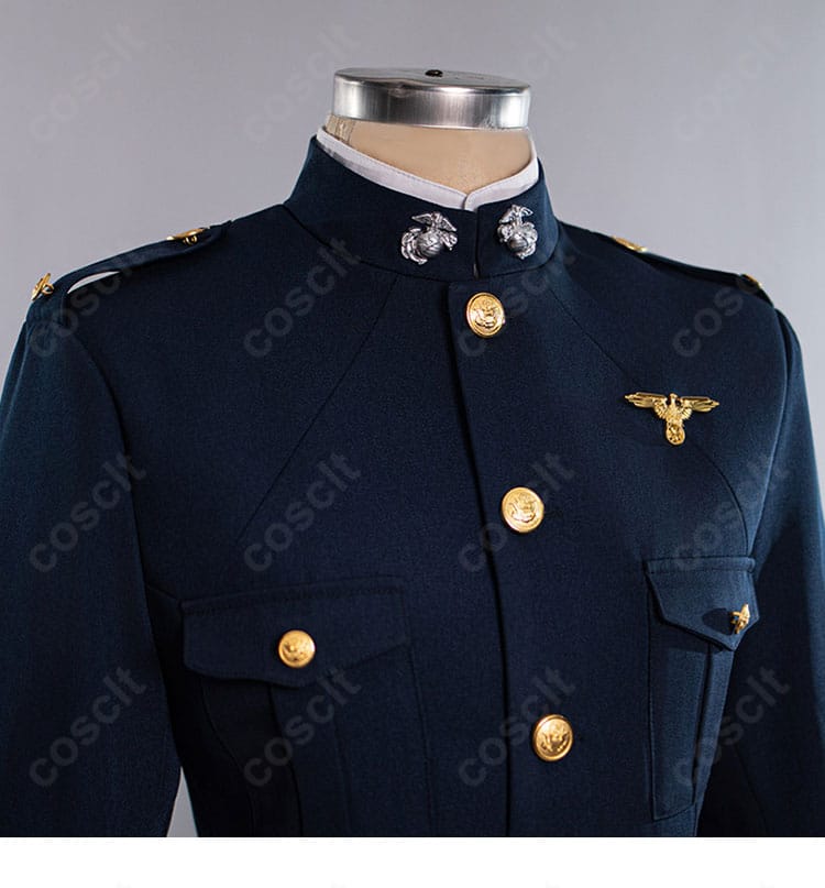 スタンリー軍服風コートの襟元と前立てを確認できる服飾ディテール