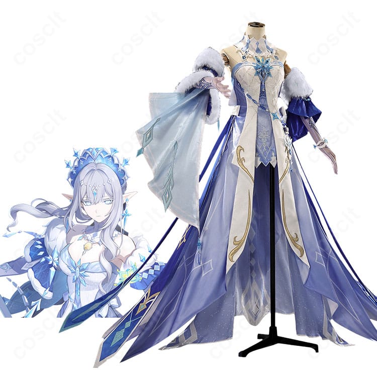 『原神』氷の女皇のキャラクターイメージと王冠付きコスプレ衣装の商品比較