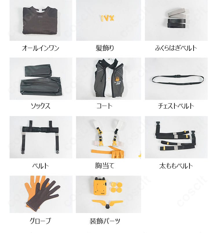 ヴェクター コスプレ衣装のオールインワン、コート、胸当て、ベルト、髪飾りなどセット内容